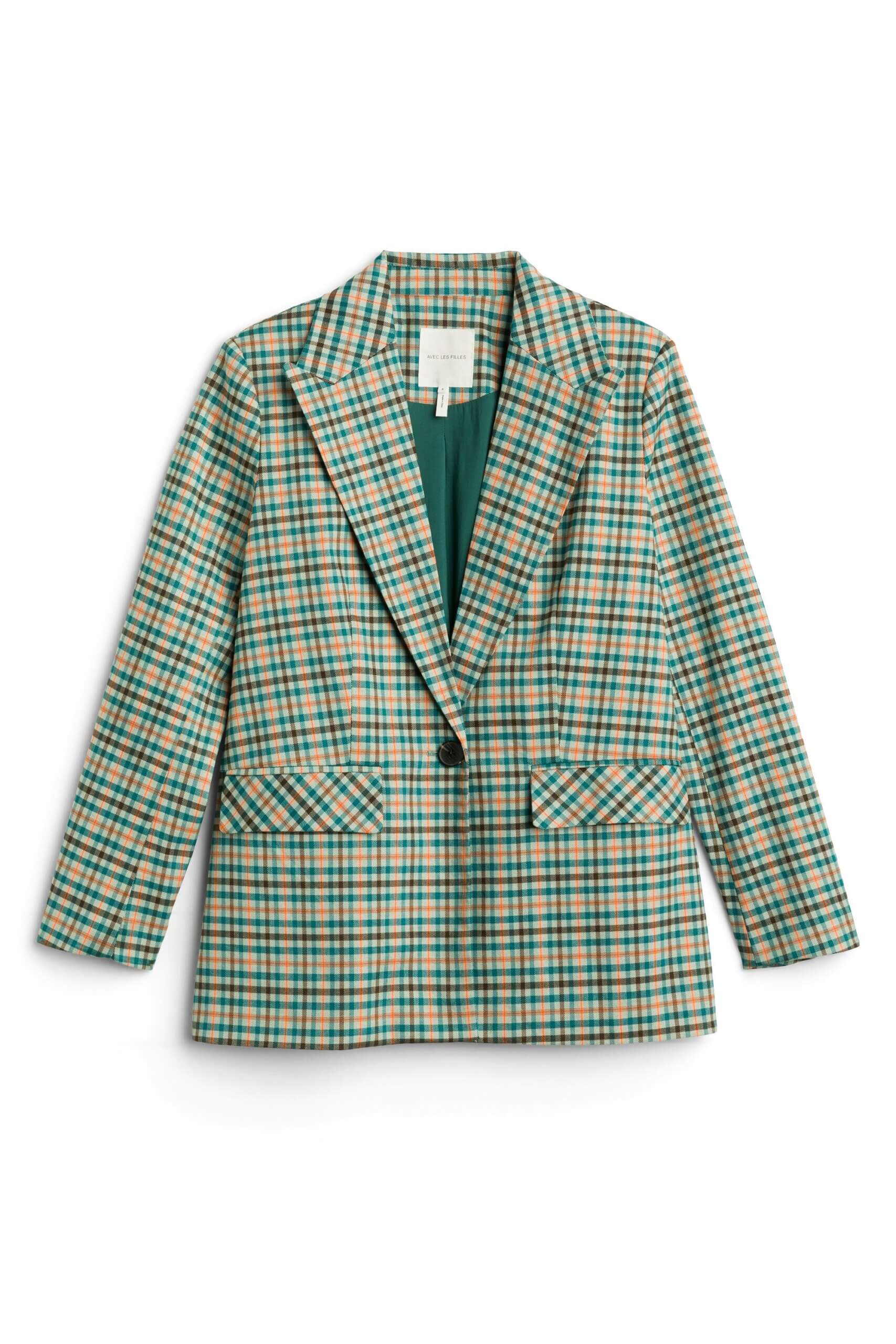 Stitch Fix women's green and tan plaid blazer.
