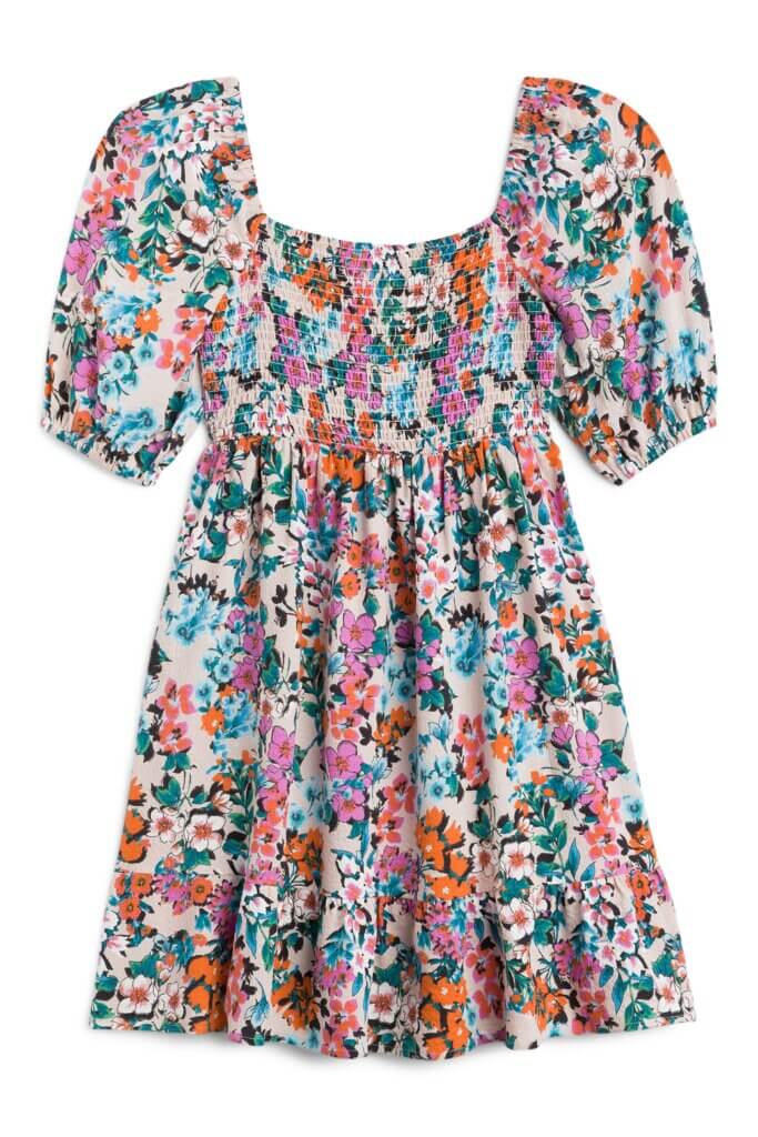 Stitch Fix women’s floral square neck smocked mini dress.