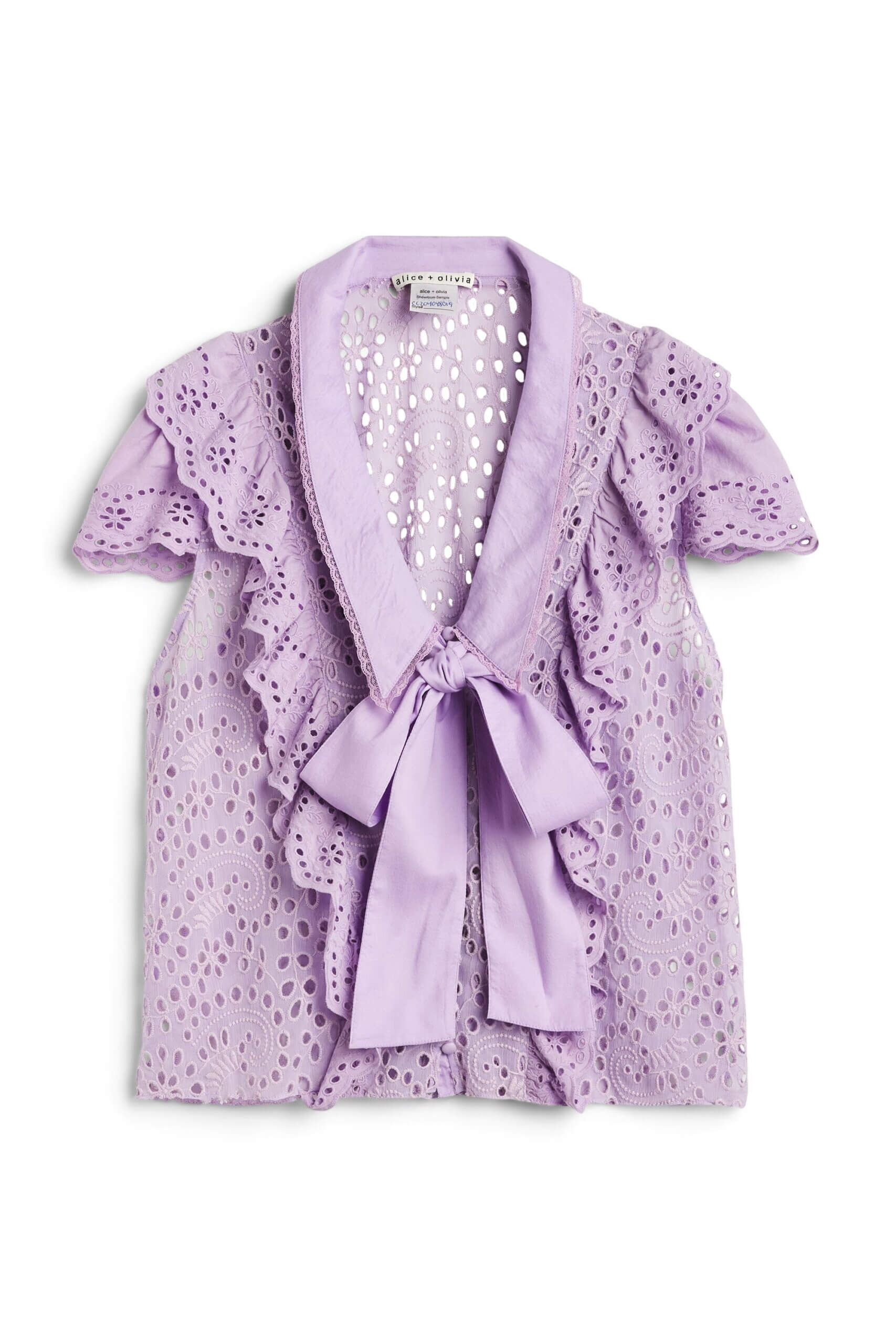 Stitch Fix Women's romantic style lavender eyelet shirt with cap-sleeves and a tie-bow front.