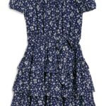Stitch Fix women’s floral print off the shoulder navy blue dress for a wedding.