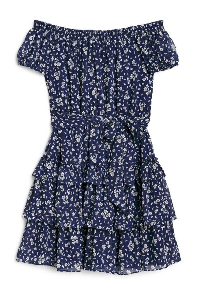 Stitch Fix women’s floral print off the shoulder navy blue dress for a wedding.
