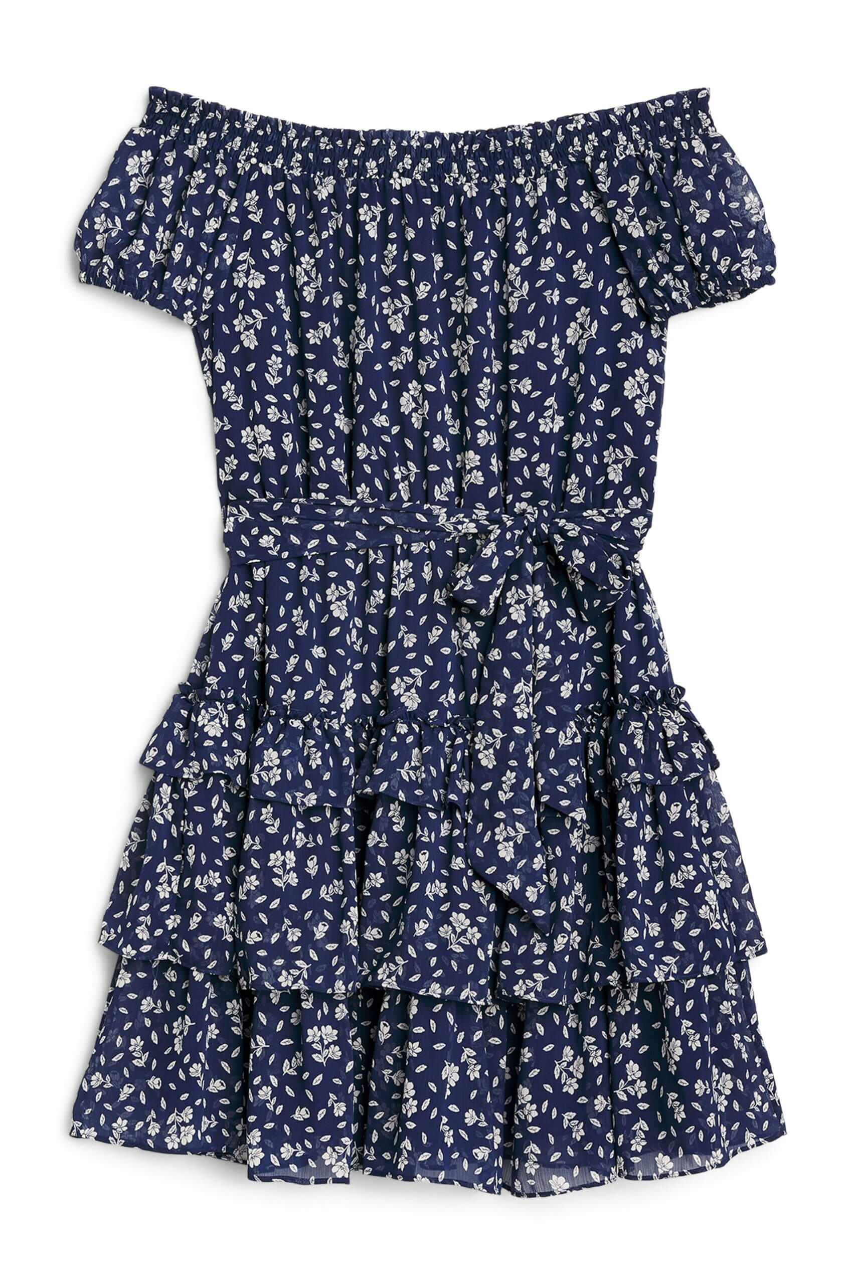 Stitch Fix women’s floral print off the shoulder navy blue dress for a wedding.