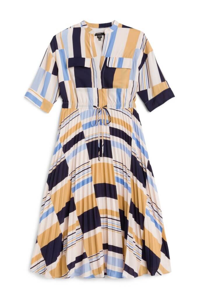 Stitch Fix women's blue, white black and orange printed pleated dress.