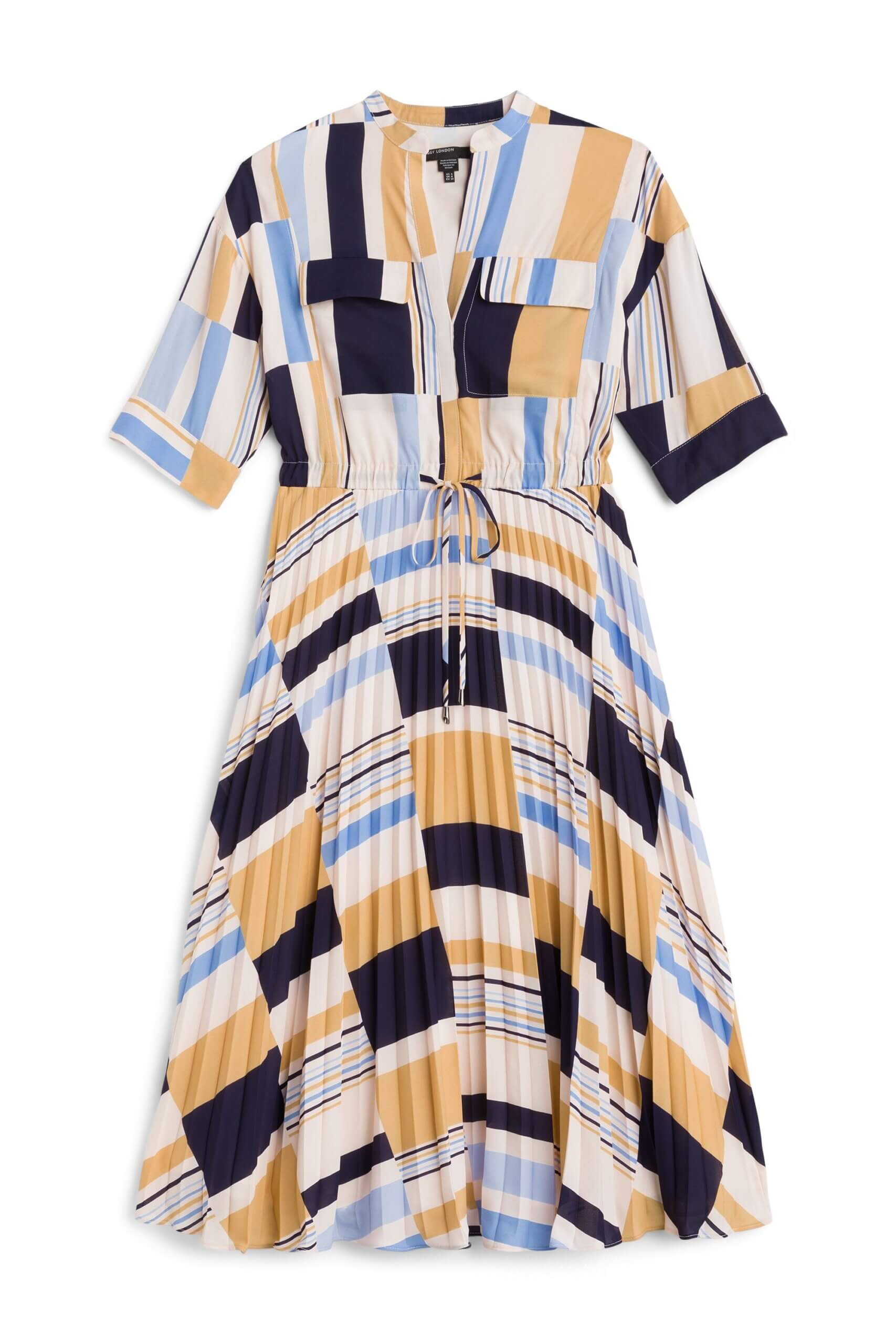 Stitch Fix women's blue, white black and orange printed pleated dress.