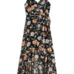 Stitch Fix women’s black floral print hi-low maxi dress with one-shoulder ruffle detail.