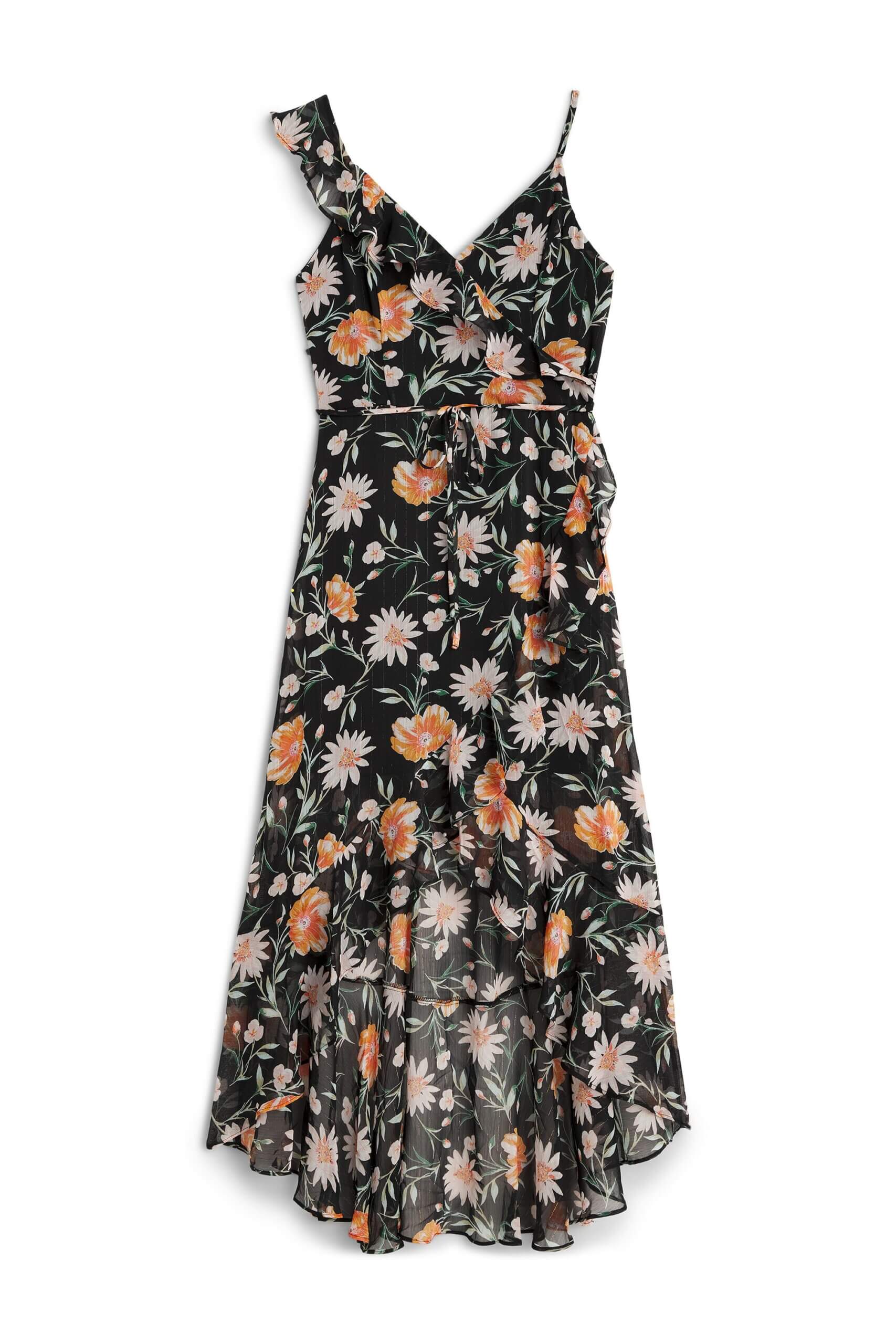 Stitch Fix women’s black floral print hi-low maxi dress with one-shoulder ruffle detail.