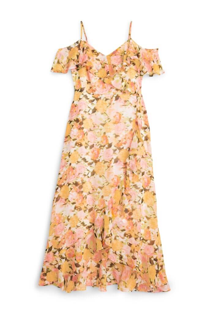 Stitch Fix women's floral print cold shoulder maxi dress.