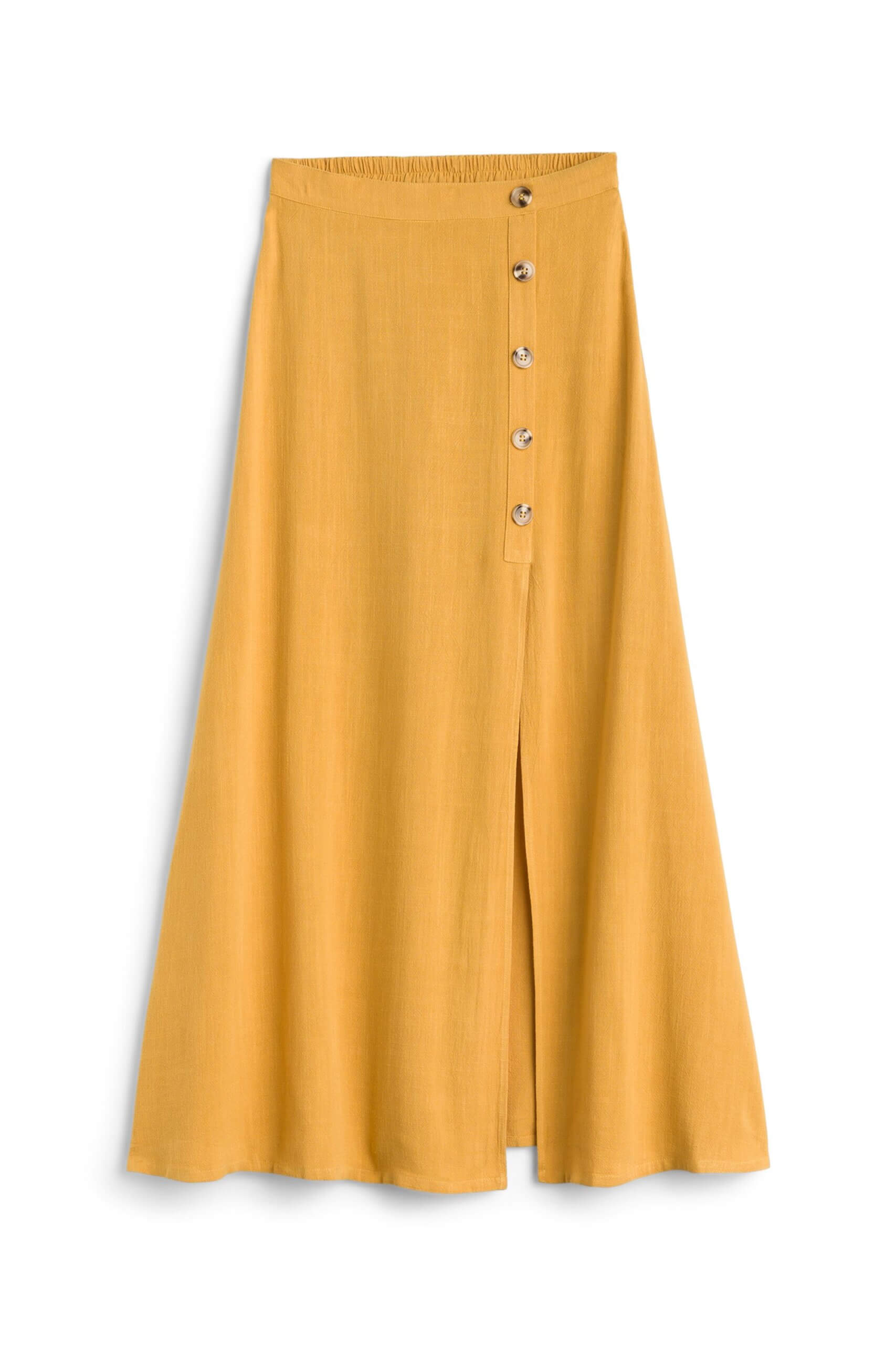 Stitch Fix women’s mustard yellow maxi skirt with button detail.