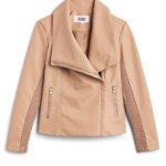 Stitch Fix women’s tan moto jacket with silver zipper details.