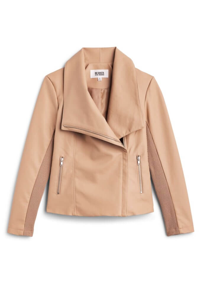 Stitch Fix women’s tan moto jacket with silver zipper details.