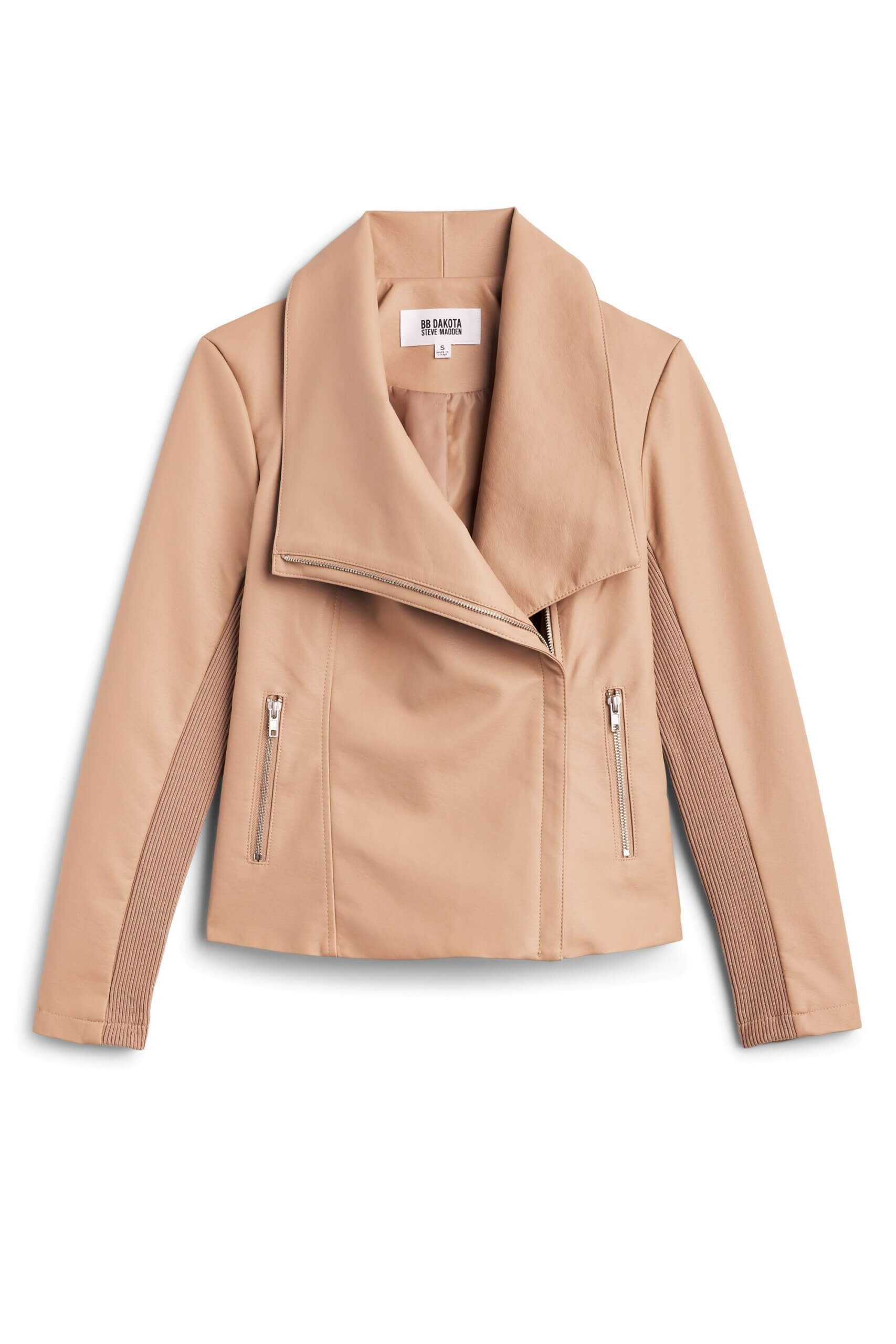 Stitch Fix women’s tan moto jacket with silver zipper details.