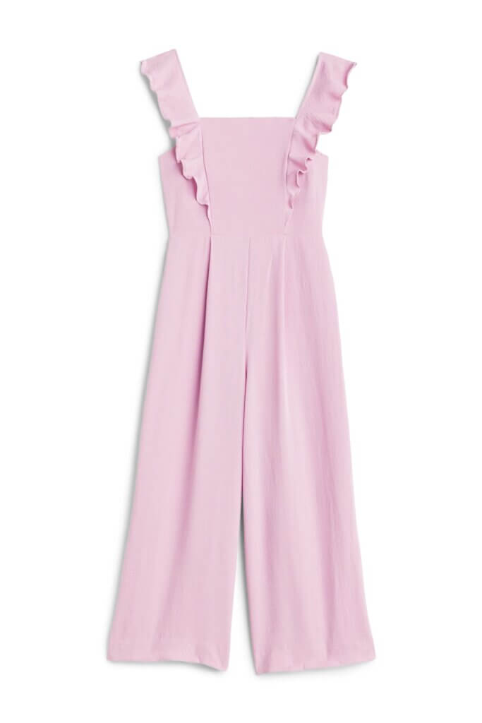 Stitch Fix women’s pink ruffle wide-leg jumpsuit.