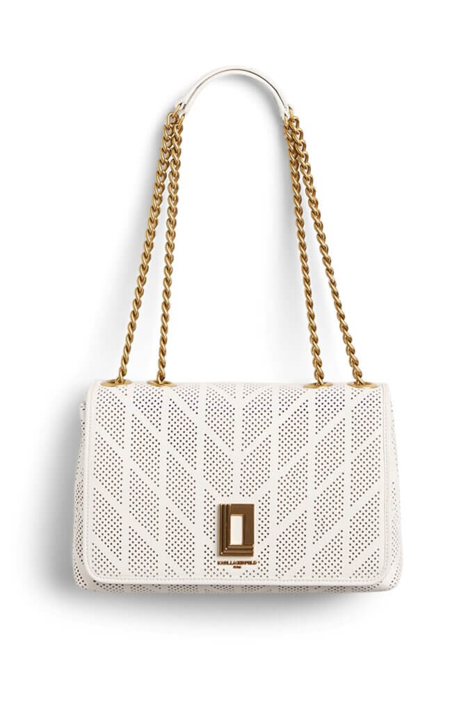 Stitch Fix women’s off-white laser-cut detail shoulder bag with gold chain handle.