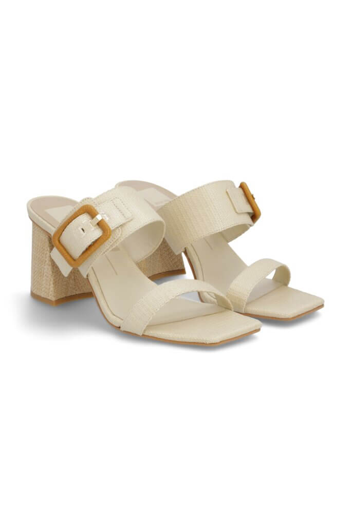 Stitch Fix women's beige heeled slide sandal with buckle detailing.