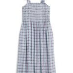 Stitch Fix women’s light blue, white and pink window pane print smocked midi nap dress.