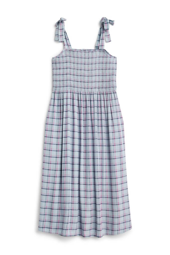 Stitch Fix women’s light blue, white and pink window pane print smocked midi nap dress.