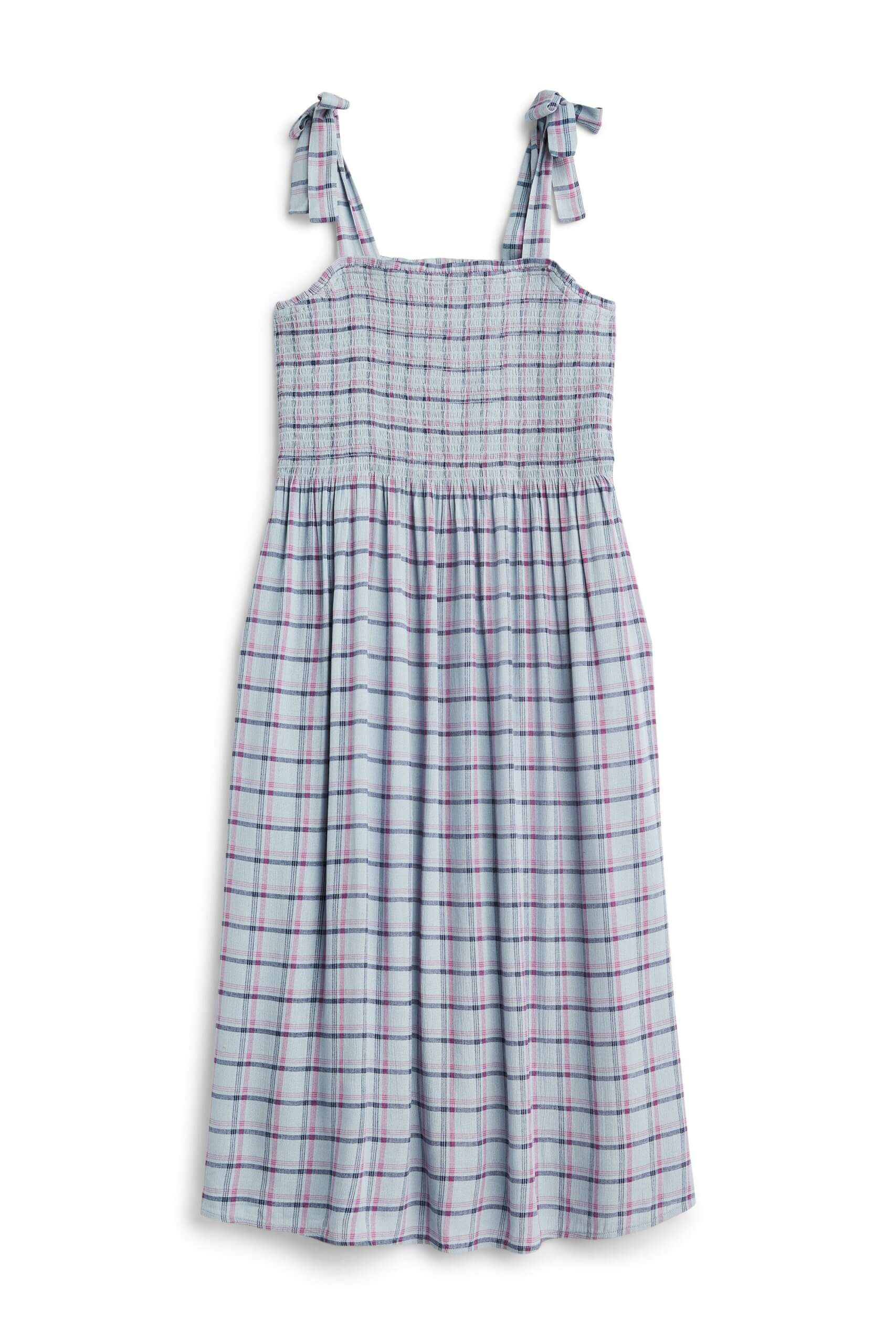 Stitch Fix women’s light blue, white and pink window pane print smocked midi nap dress.
