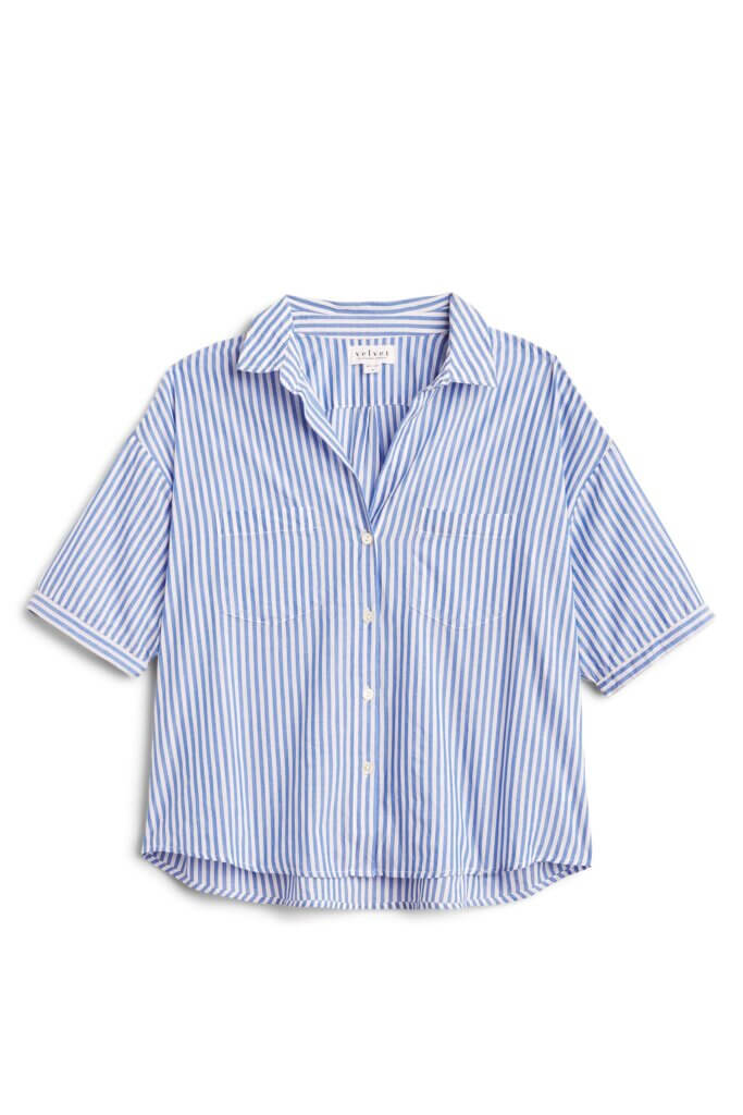 Stitch Fix women’s blue and white striped short-sleeved button-down.