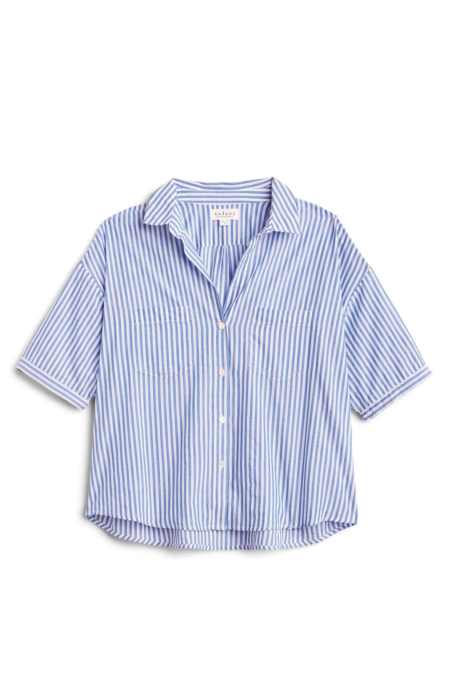 Stitch Fix women’s blue and white striped short-sleeved button-down.