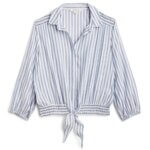 Stitch Fix women’s blue and white long-sleeve tie-waist button down top.