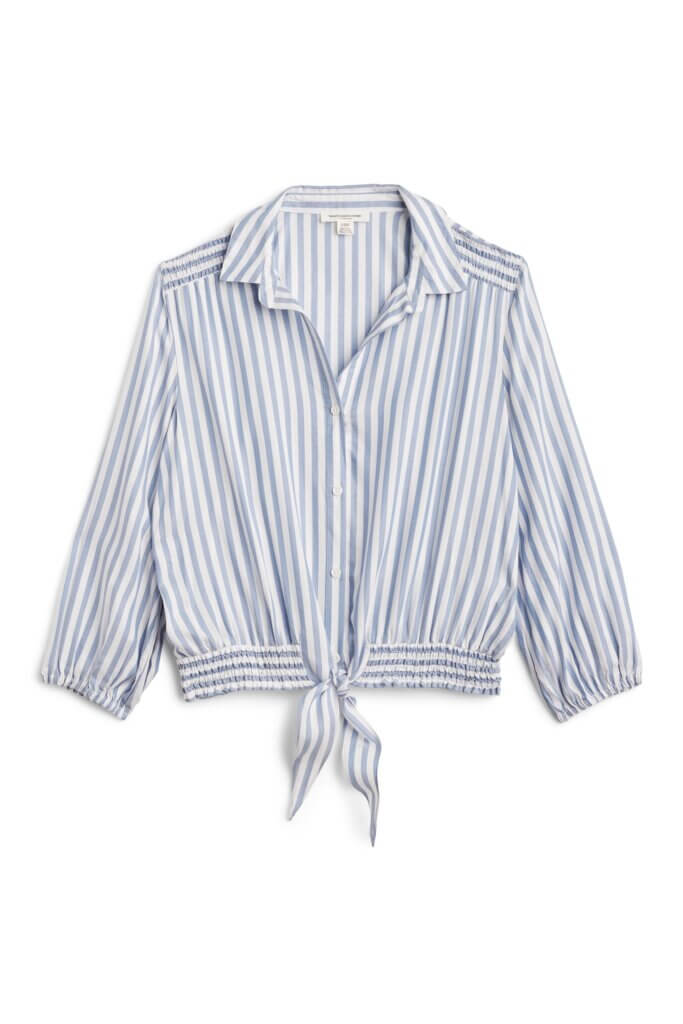 Stitch Fix women’s blue and white long-sleeve tie-waist button down top.