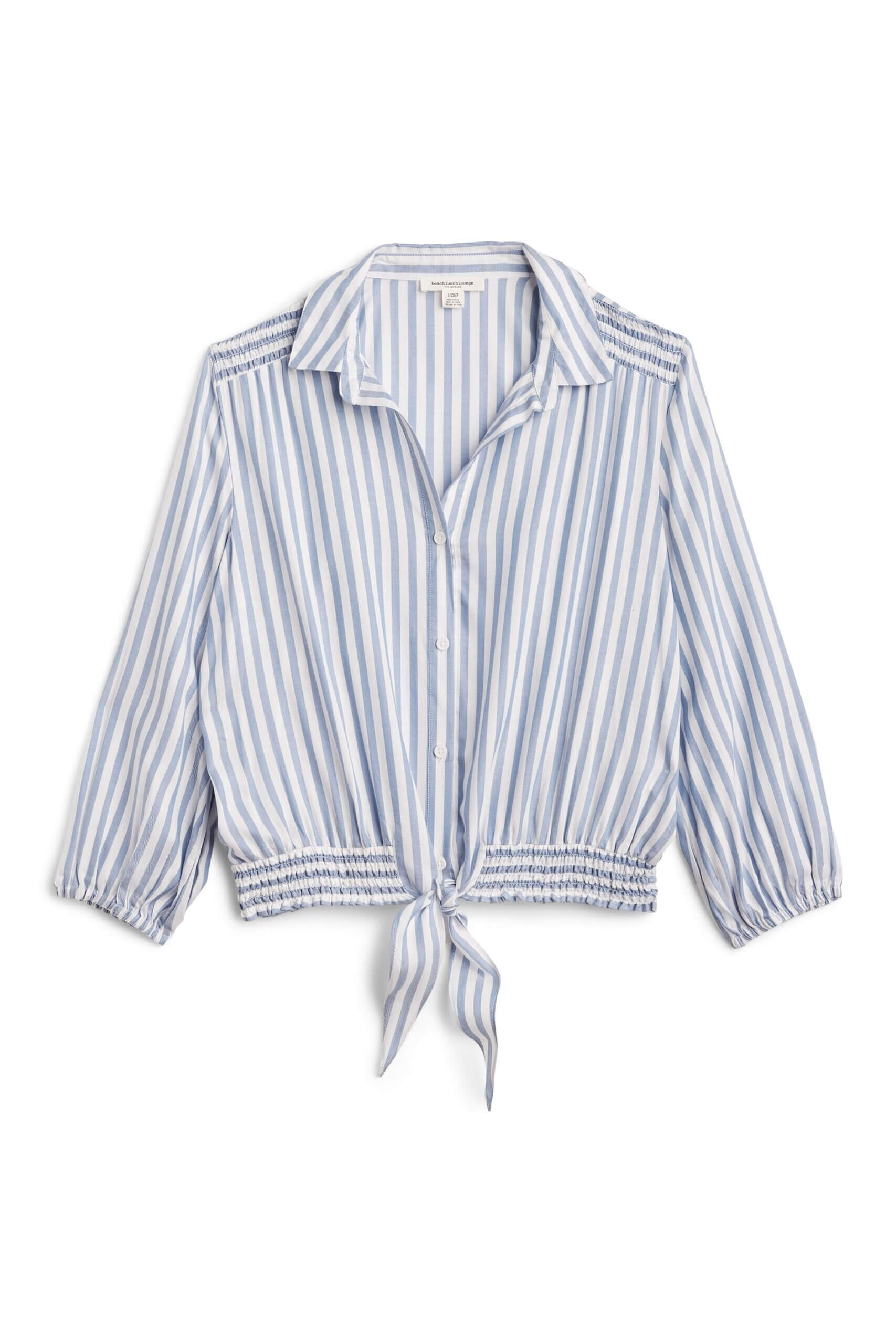 Stitch Fix women’s blue and white long-sleeve tie-waist button down top.