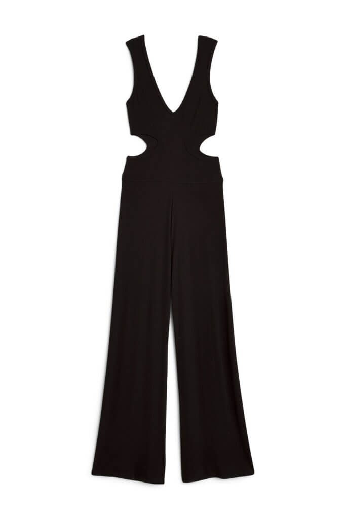 Stitch Fix women’s black sleeveless jumpsuit with cut out detailing.