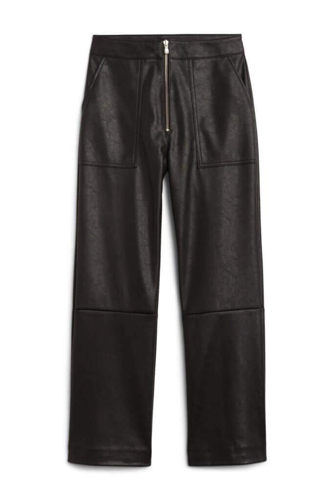 Stitch Fix women's black faux-leather pants with silver zipper.