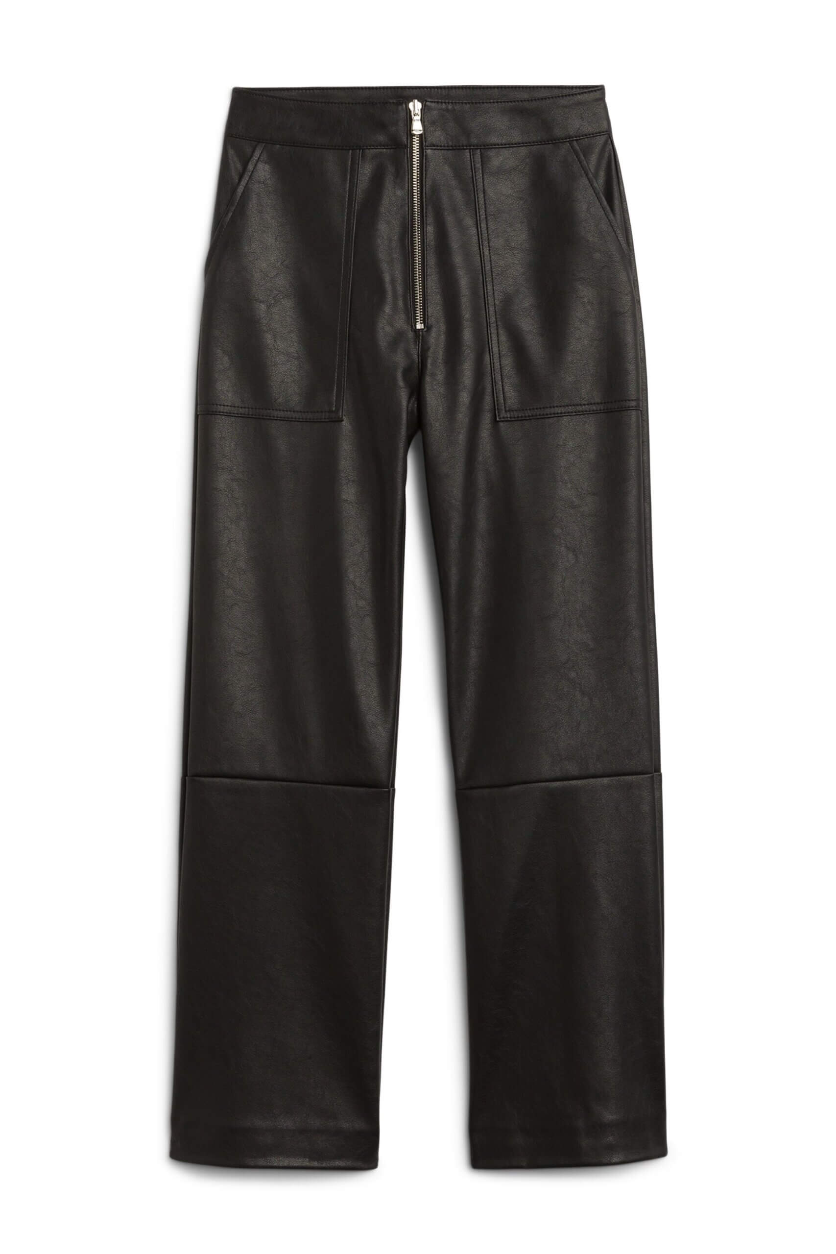 Stitch Fix women's black faux-leather pants with silver zipper.
