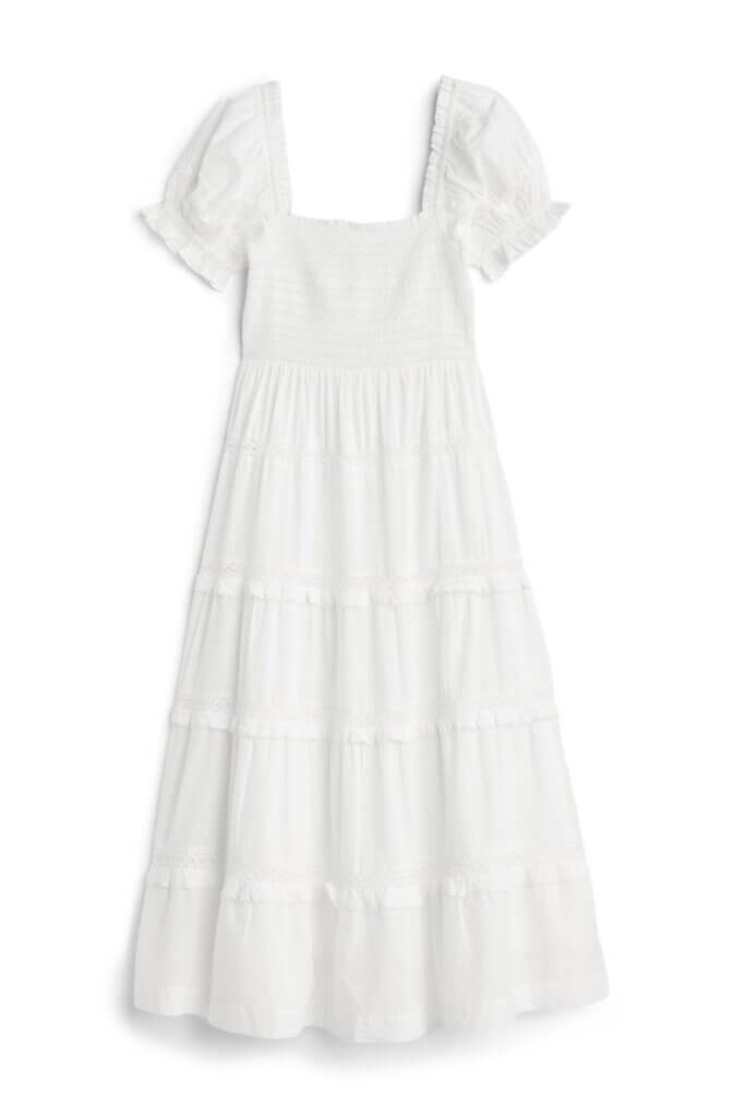 Stitch Fix women’s white tiered maxi dress with puff sleeves.