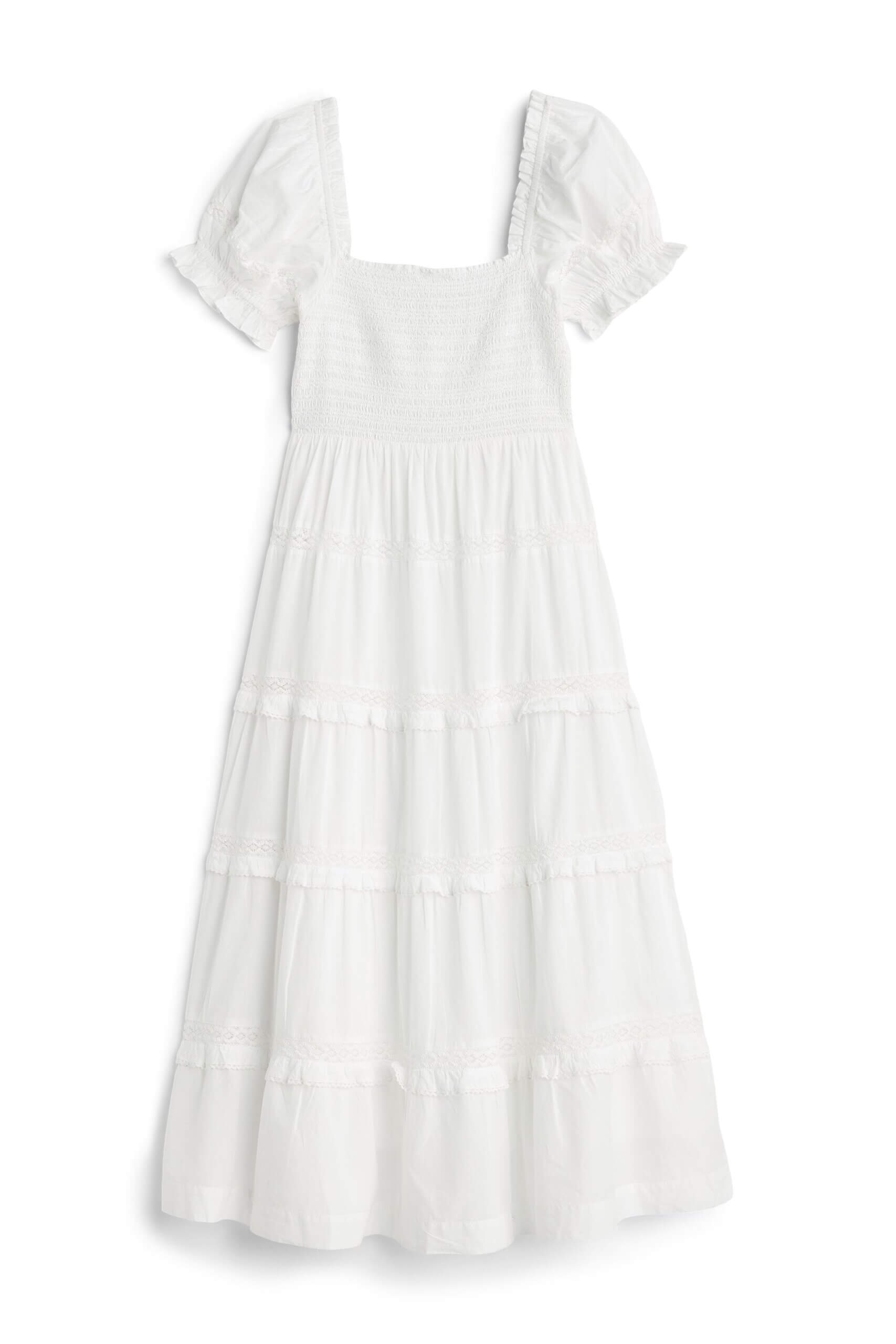 Stitch Fix women’s white tiered maxi dress with puff sleeves.