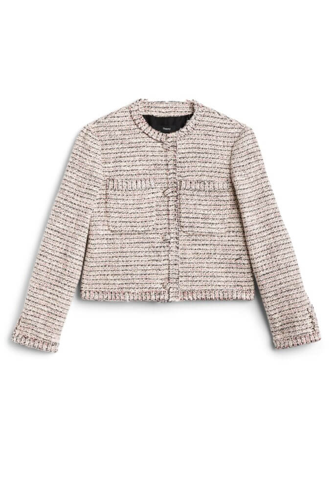 Stitch Fix women’s coral and off-white double pocket cropped tweed jacket.
