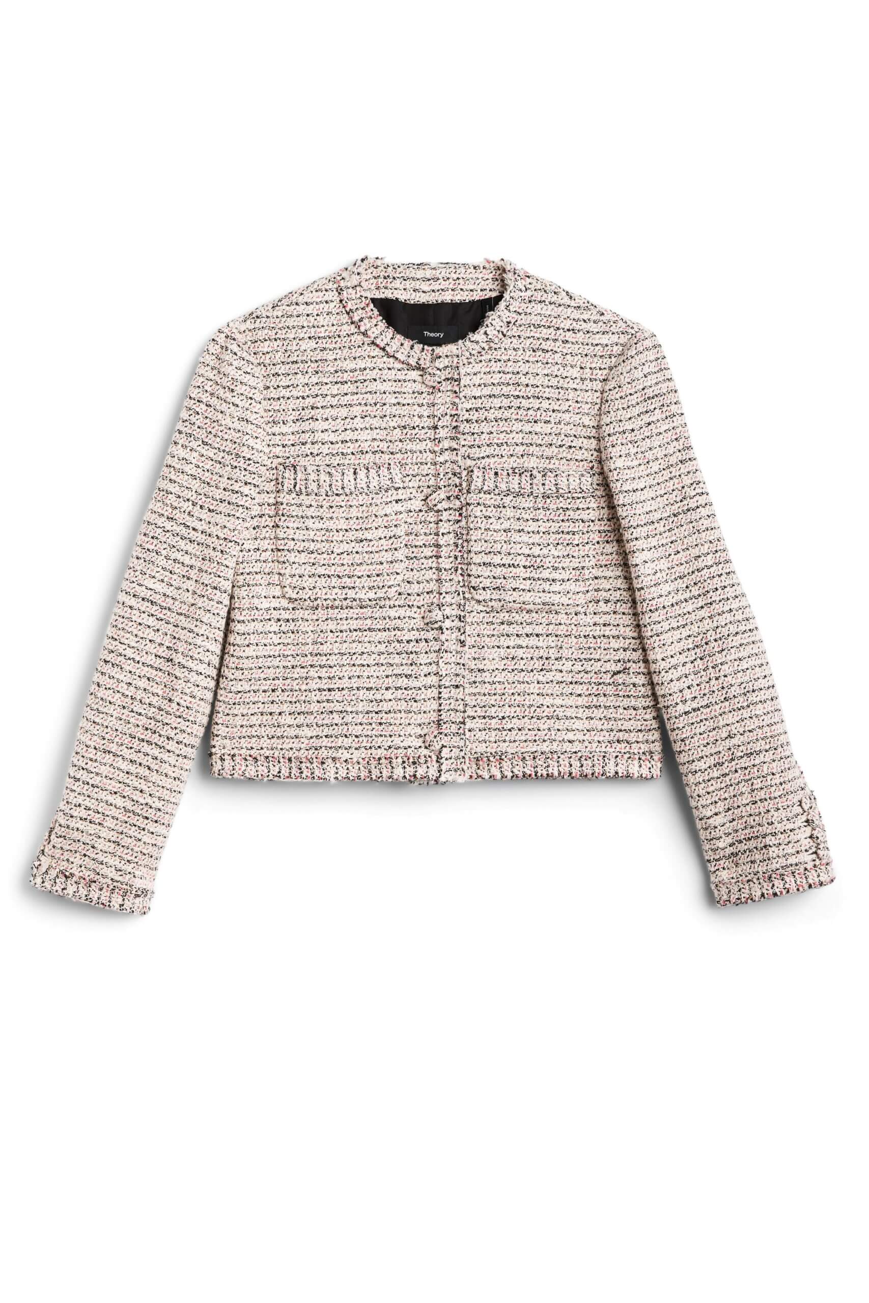 Stitch Fix women’s coral and off-white double pocket cropped tweed jacket.