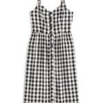Stitch Fix women’s black and white gingham spaghetti strap button-down midi dress.