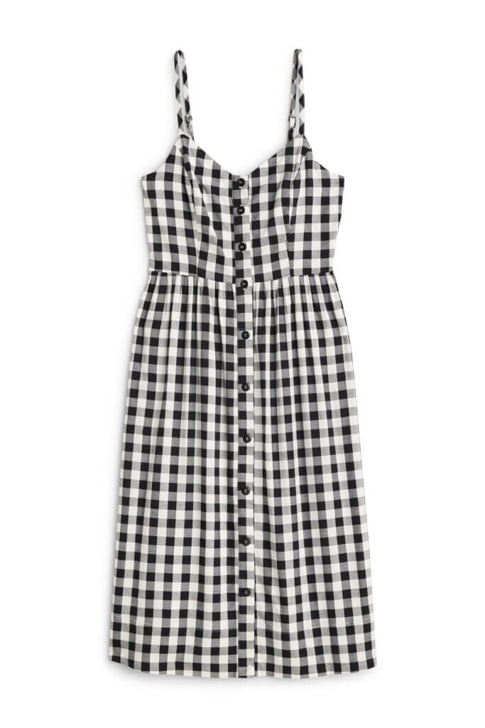 Stitch Fix women’s black and white gingham spaghetti strap button-down midi dress.