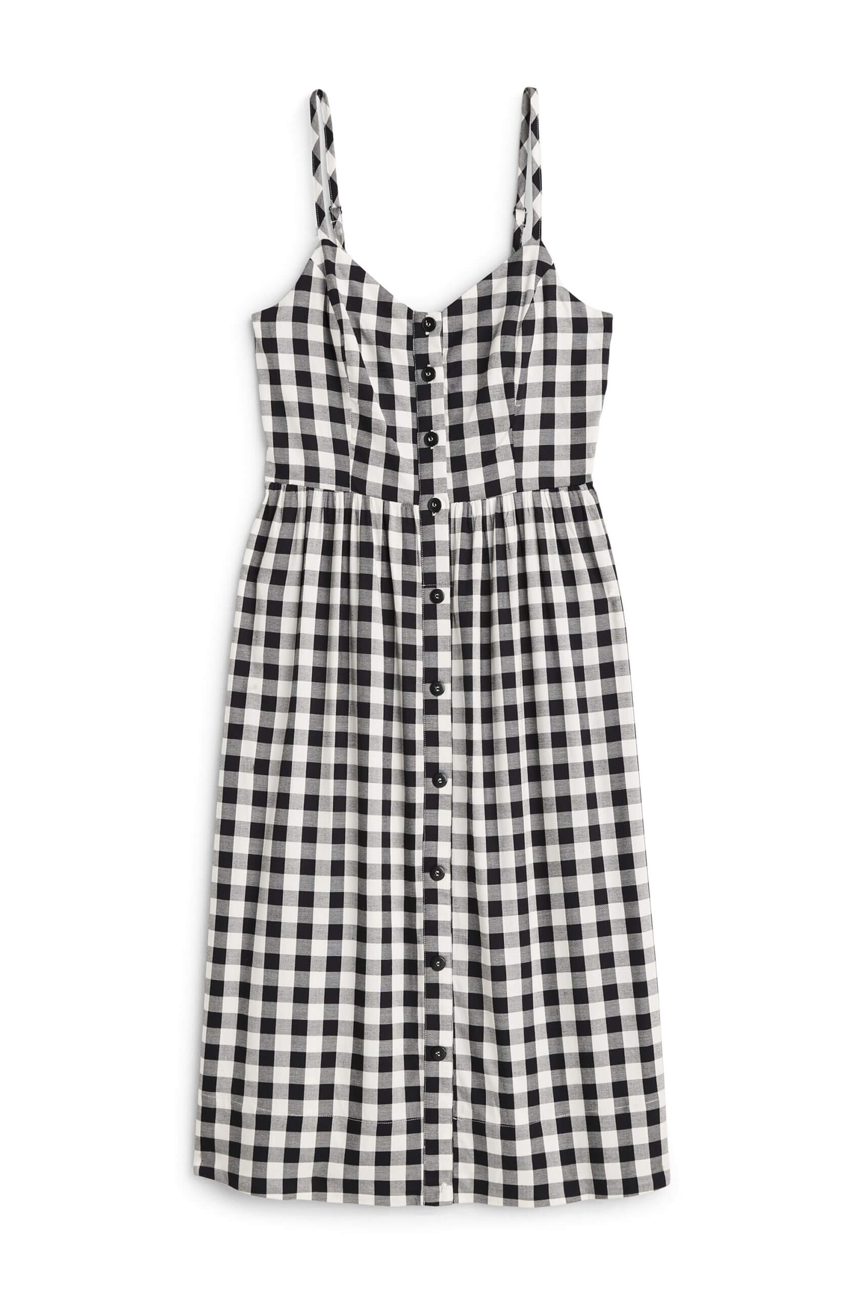 Stitch Fix women’s black and white gingham spaghetti strap button-down midi dress.