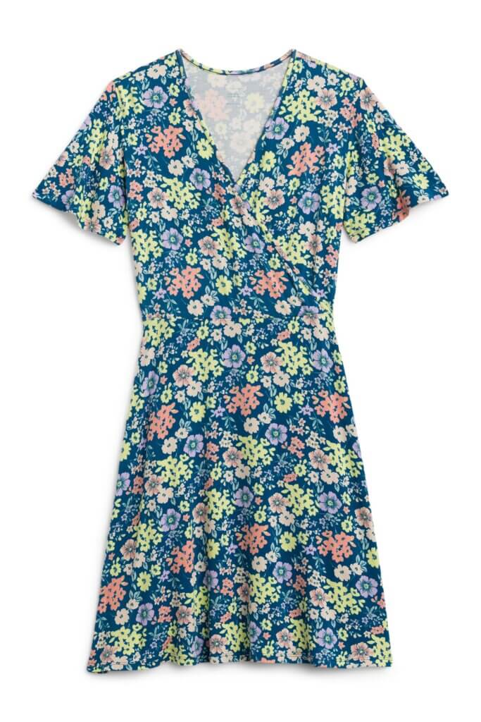Stitch Fix women's blue, green and coral floral wrap dress.