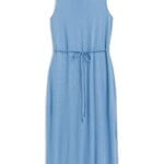 Stitch Fix women’s blue sleeveless knit midi dress with tie detailing.
