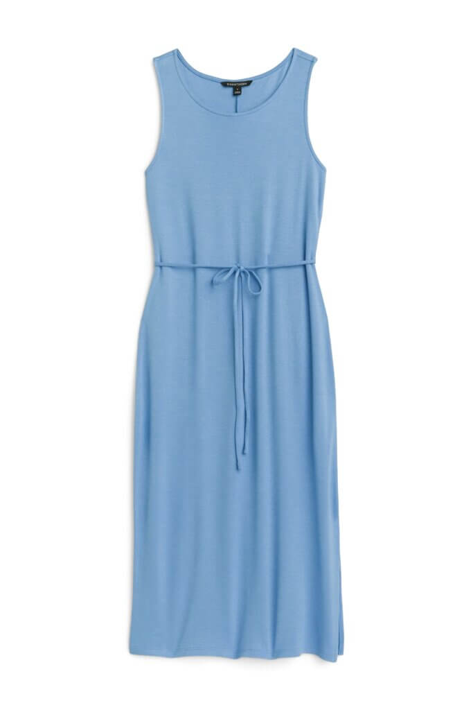 Stitch Fix women’s blue sleeveless knit midi dress with tie detailing.