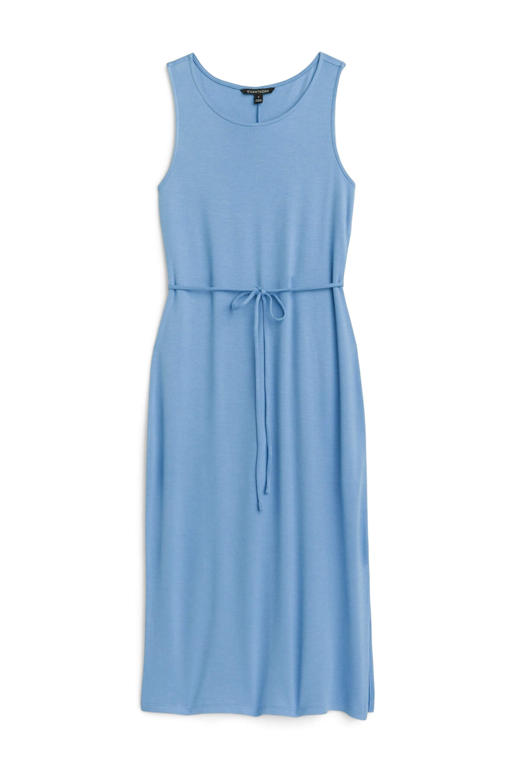 Stitch Fix women’s blue sleeveless knit midi dress with tie detailing.