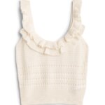 Stitch Fix women’s off-white crochet tank with ruffle details at neckline.