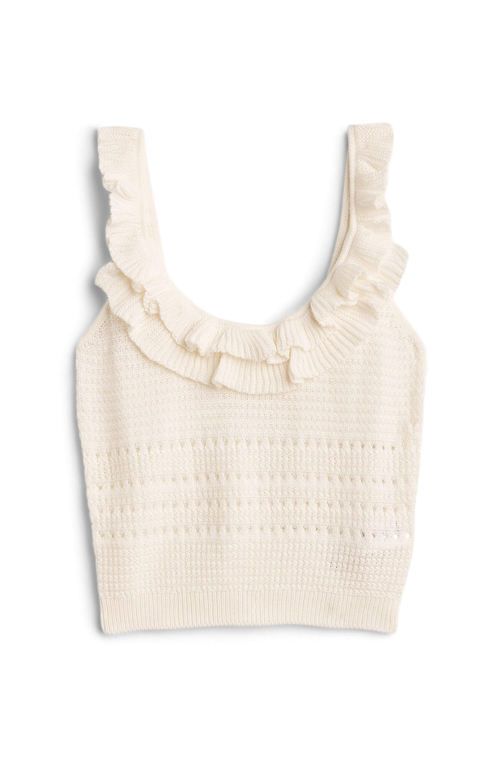 Stitch Fix women’s off-white crochet tank with ruffle details at neckline.