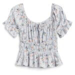Stitch Fix women’s cottagecore aesthetic smocked floral light blue top.