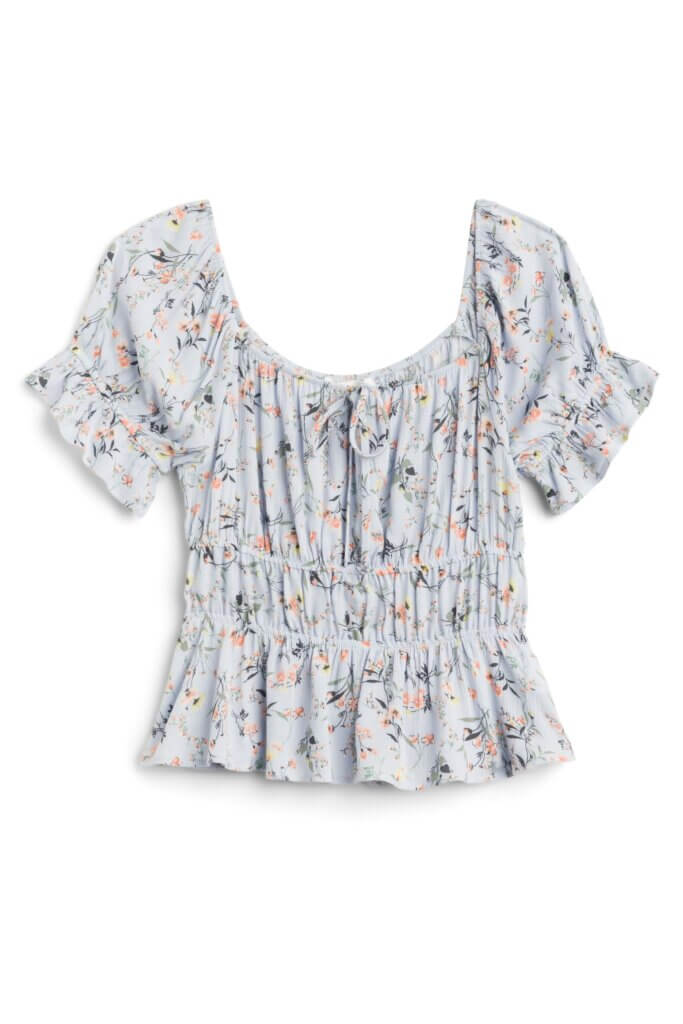 Stitch Fix women’s cottagecore aesthetic smocked floral light blue top.