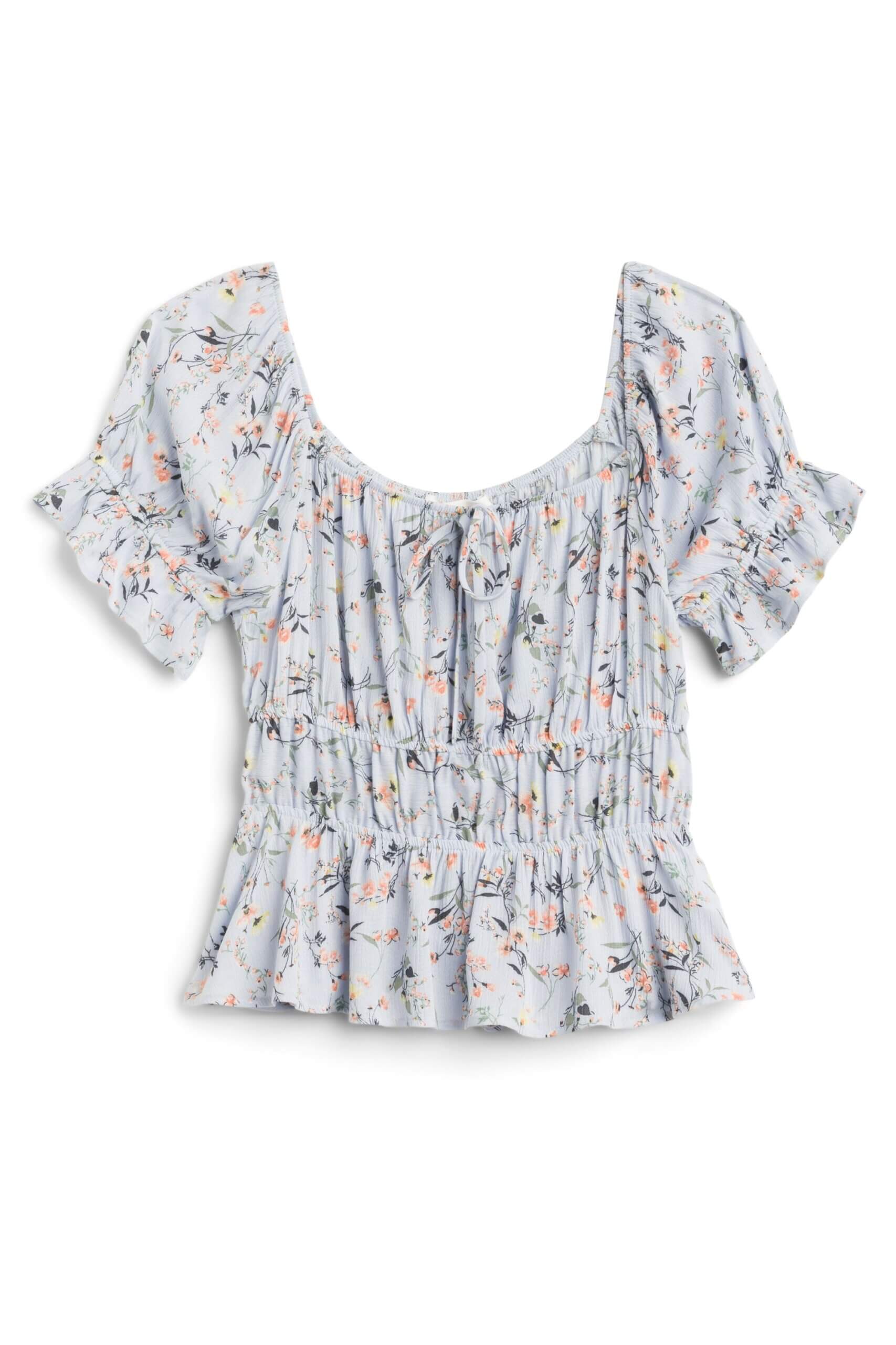Stitch Fix women’s cottagecore aesthetic smocked floral light blue top.