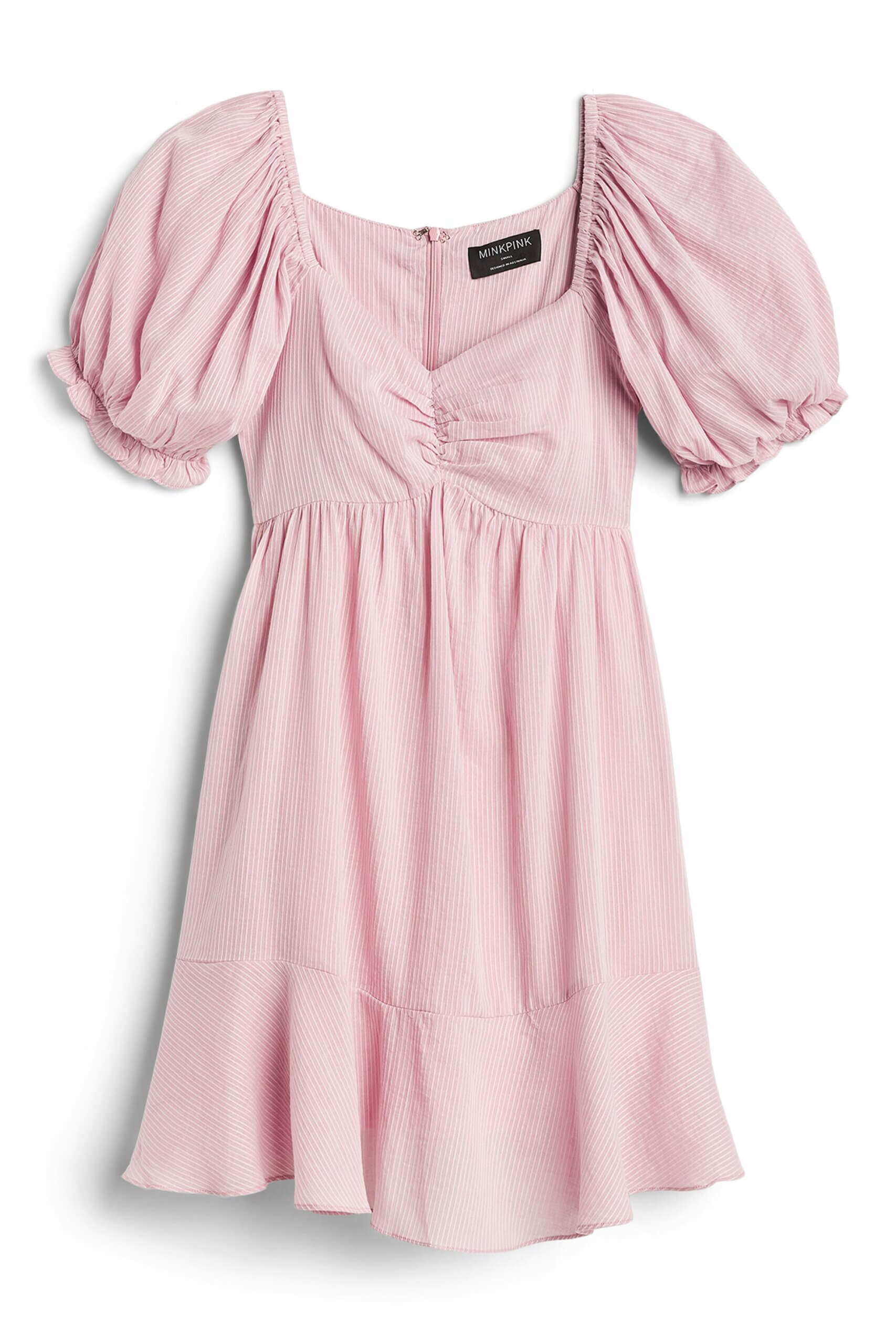 Stitch Fix Women's romantic style dress in pink with puffy sleeves and babydoll silhouette.