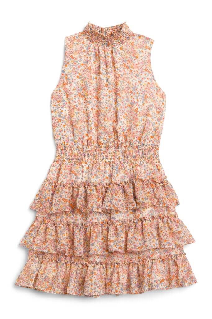 Stitch Fix women’s ruffle tiered mini dress with mock neck.