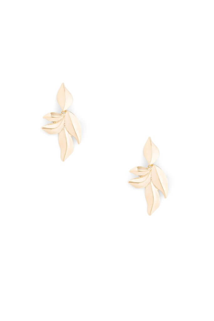 Stitch Fix women’s gold feather statement earrings.