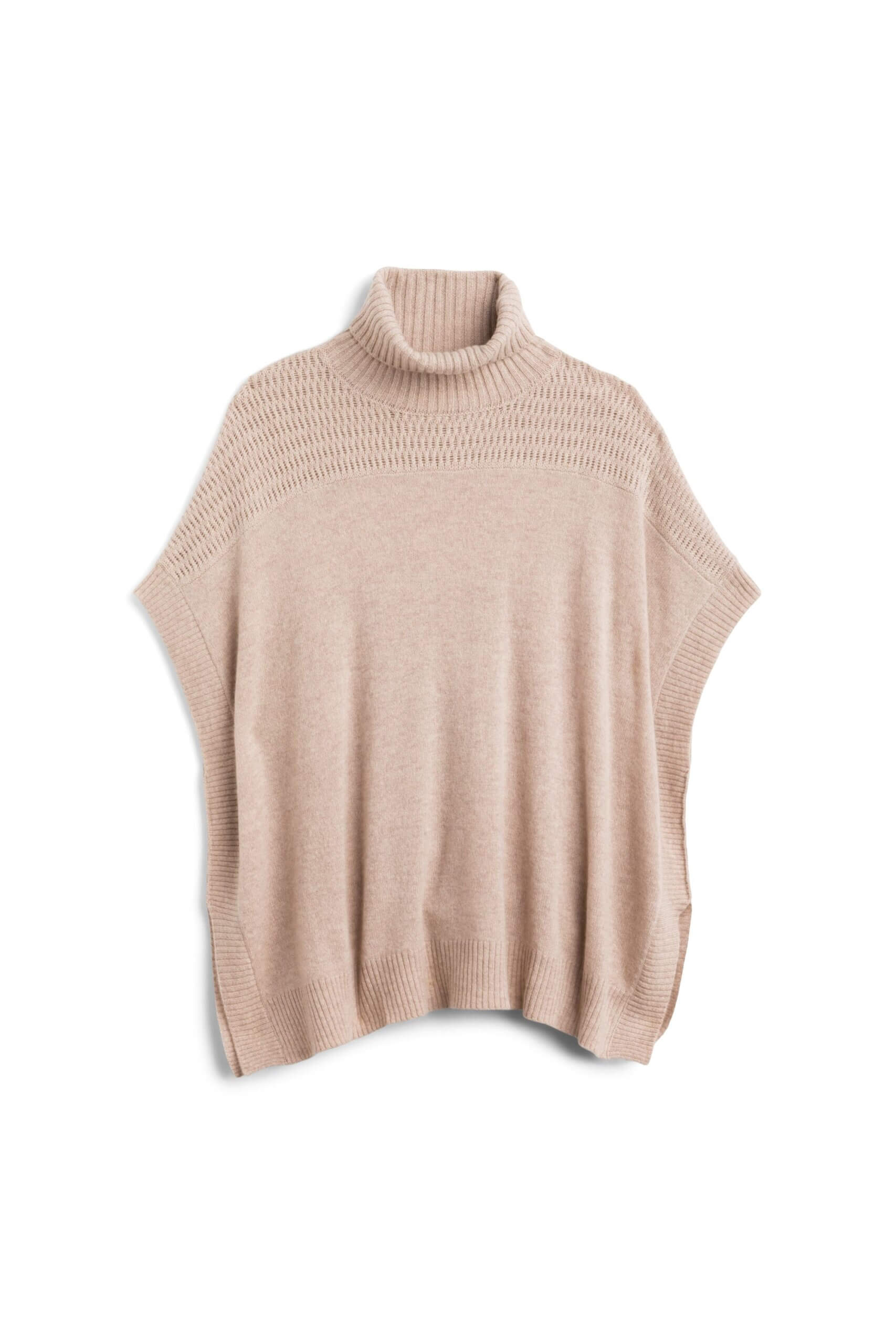 Stitch Fix women’s coastal grandmother inspired tan short-sleeved turtleneck poncho sweater.
