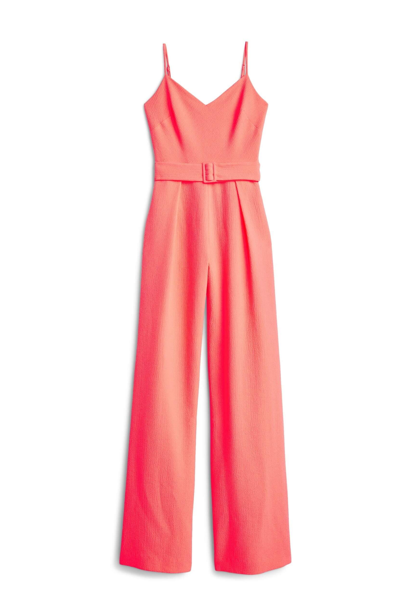 Stitch Fix women's coral spaghetti strap jumpsuit with belt.